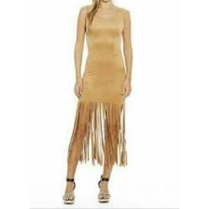 Christian Siriano Lightweight Faux Suede Camel Fringe Hem Flapper Dress Sz. L
